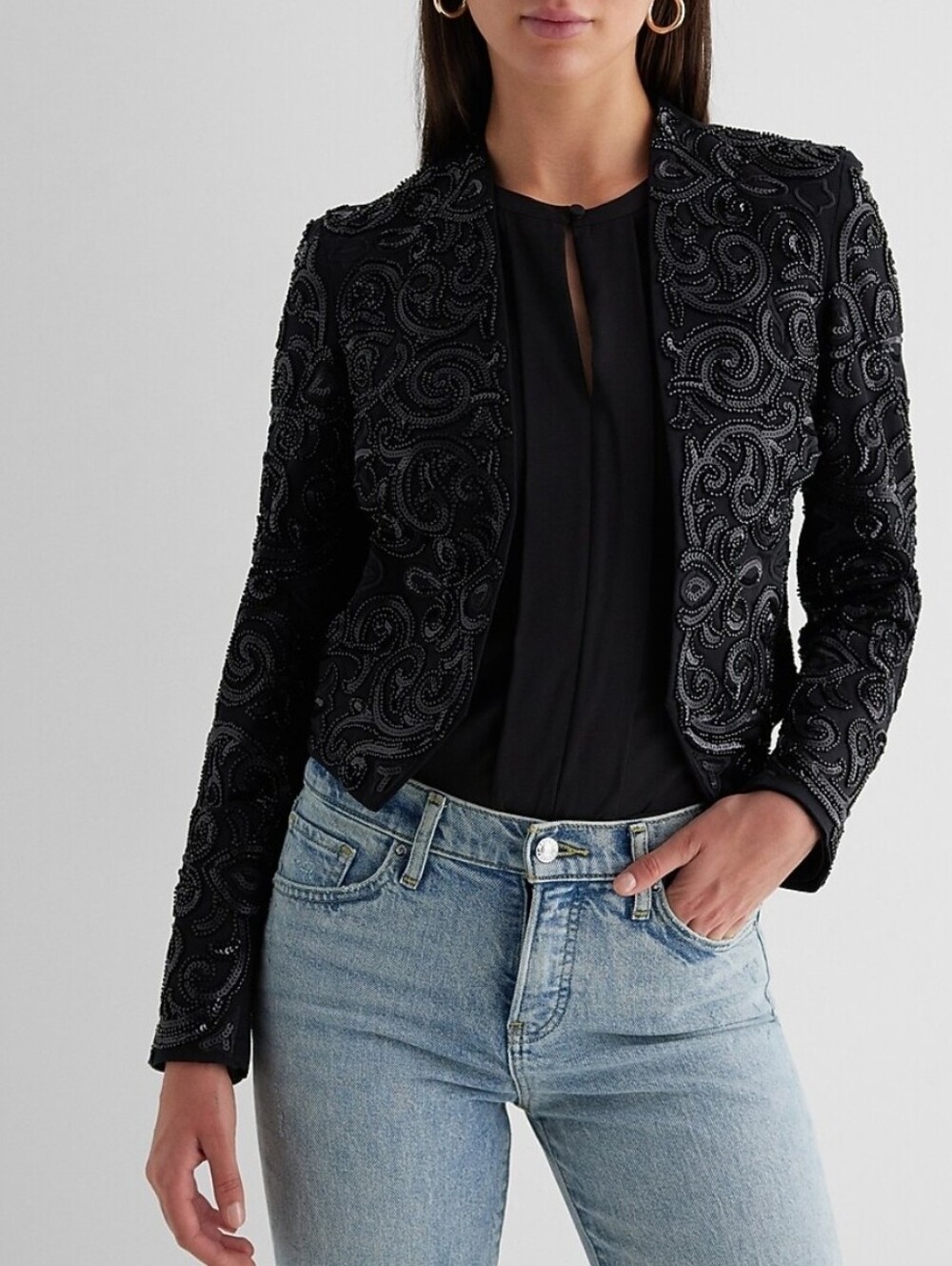 NWT Express Black Fully Beaded Cropped Blazer XS